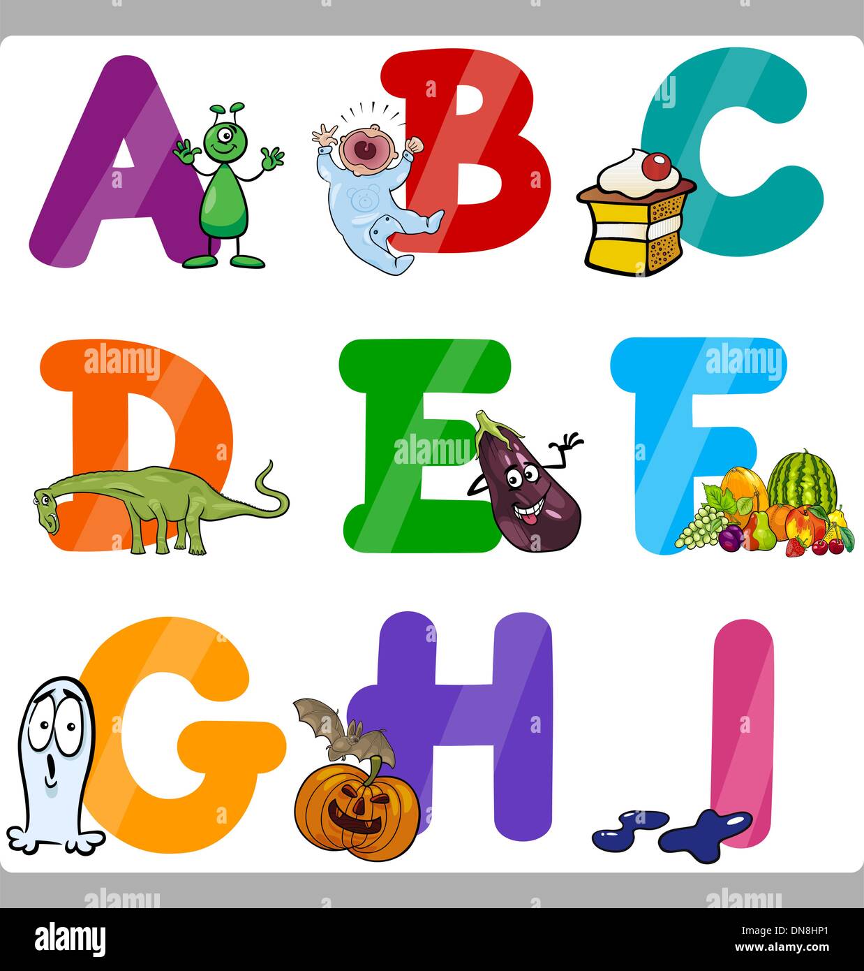 Bildung Cartoon Alphabet Buchstaben für Kinder Stock Vektor