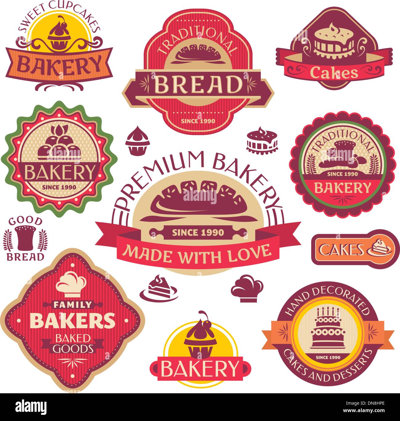 Eingestellt von Vector Vintage verschiedene Bäckerei Etiketten Stock Vektor