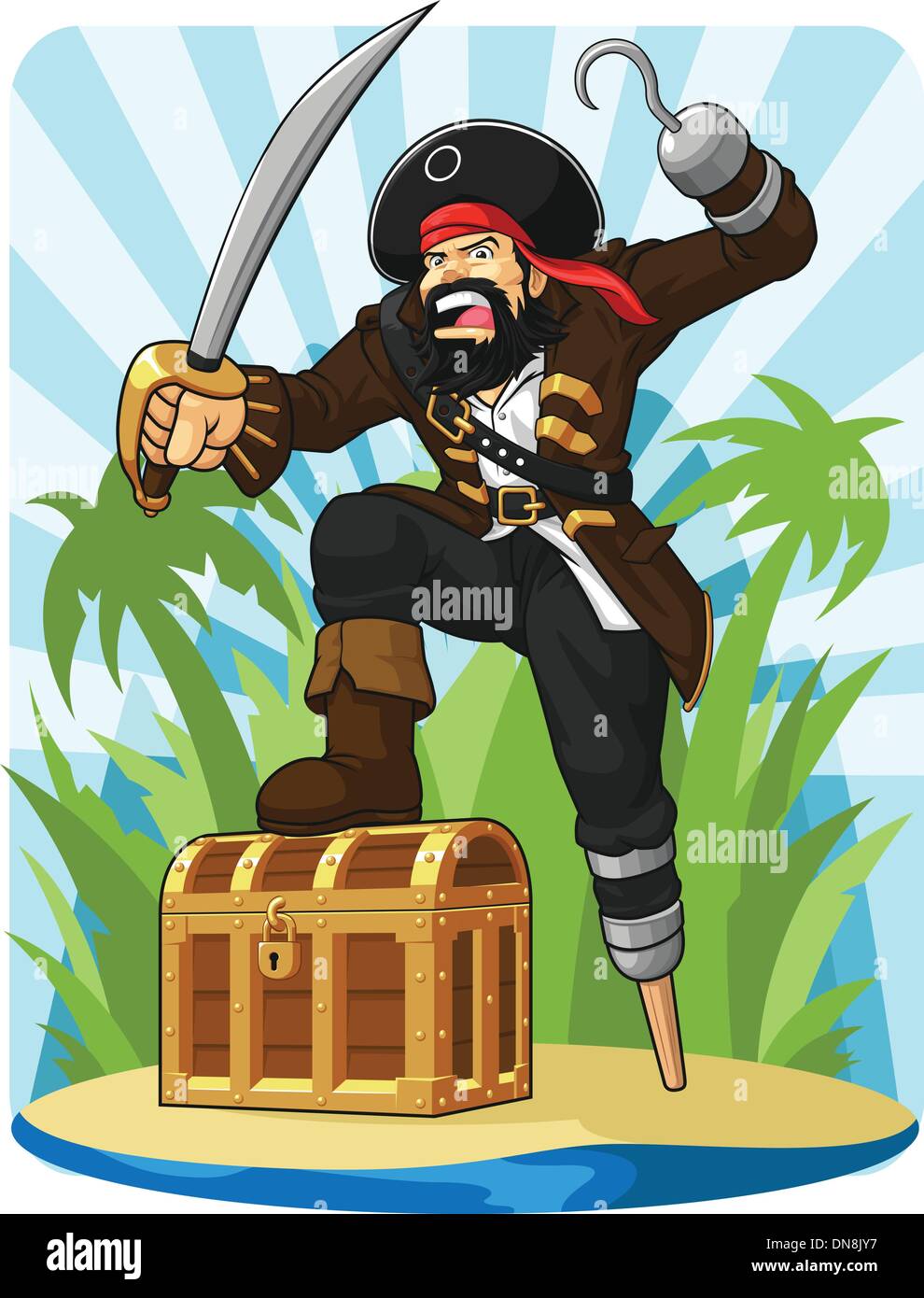 Pirat mit seiner Schatzkiste Stock Vektor