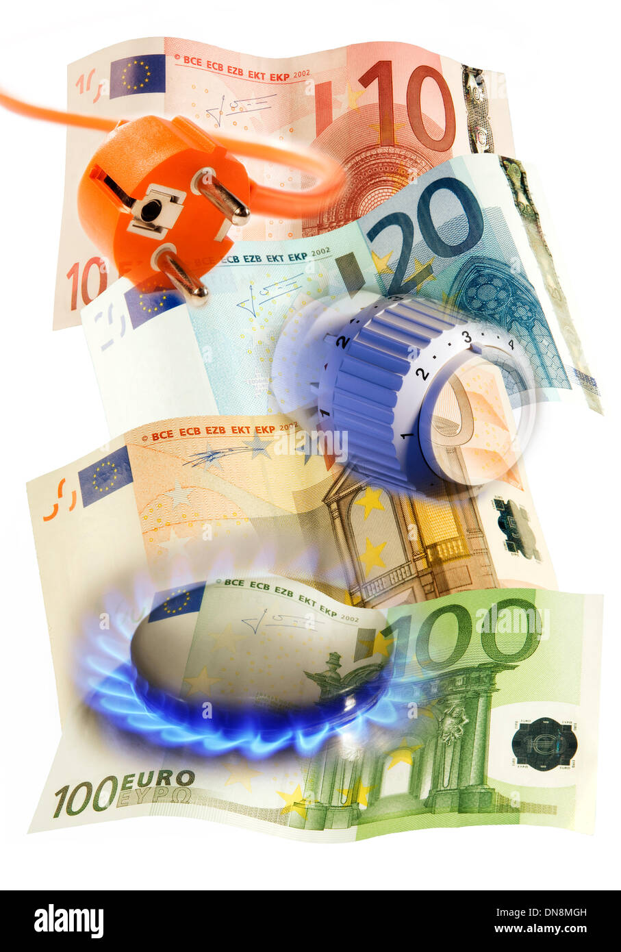 Stecker, Thermostat und Detail von einem Gasherd mit Euro-Scheine. Stockfoto