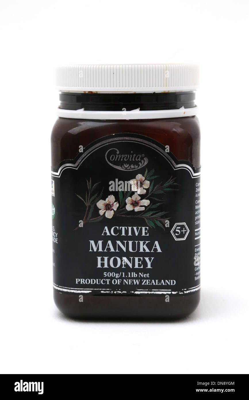 Ein Glas mit aktiven Manuka Honig aus Neuseeland Stockfoto