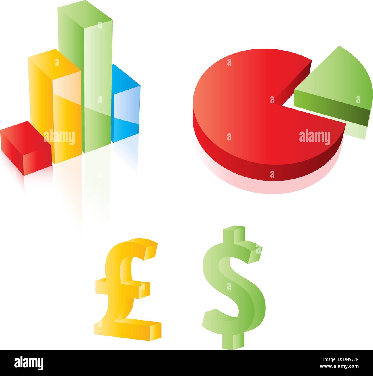 3D Vektor Grafik, Pie, Dollar und Pfund Sterling Zeichen. Web 2.0 s Stock Vektor