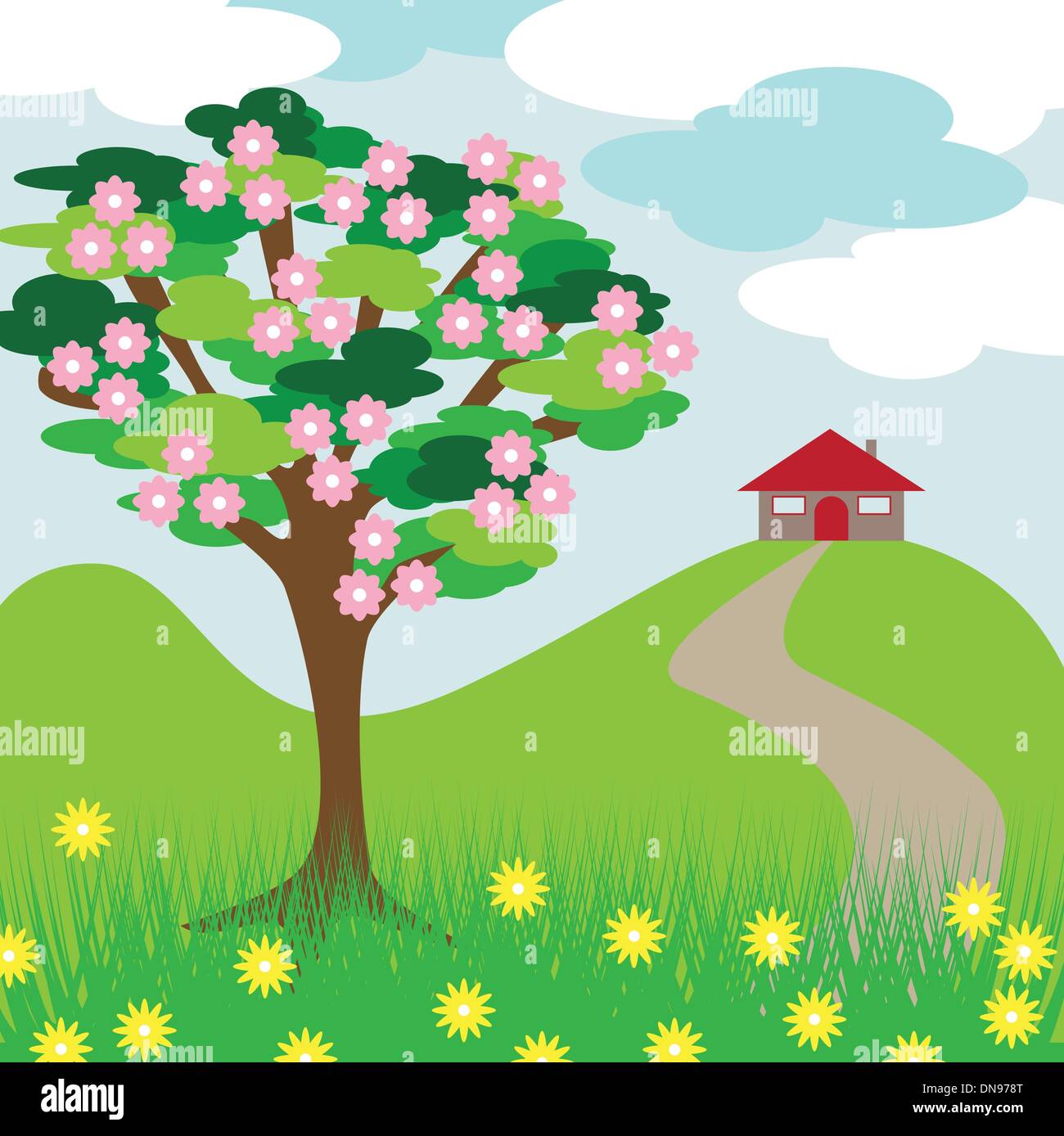 rosa Blüte Tree Hill und Haus Stock Vektor