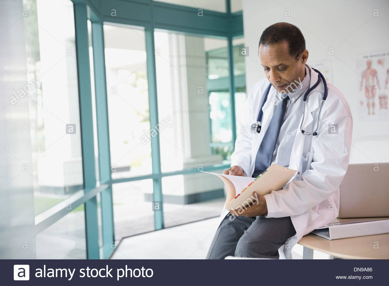 Prüfung von Berichten im Krankenhaus Arzt Stockfoto