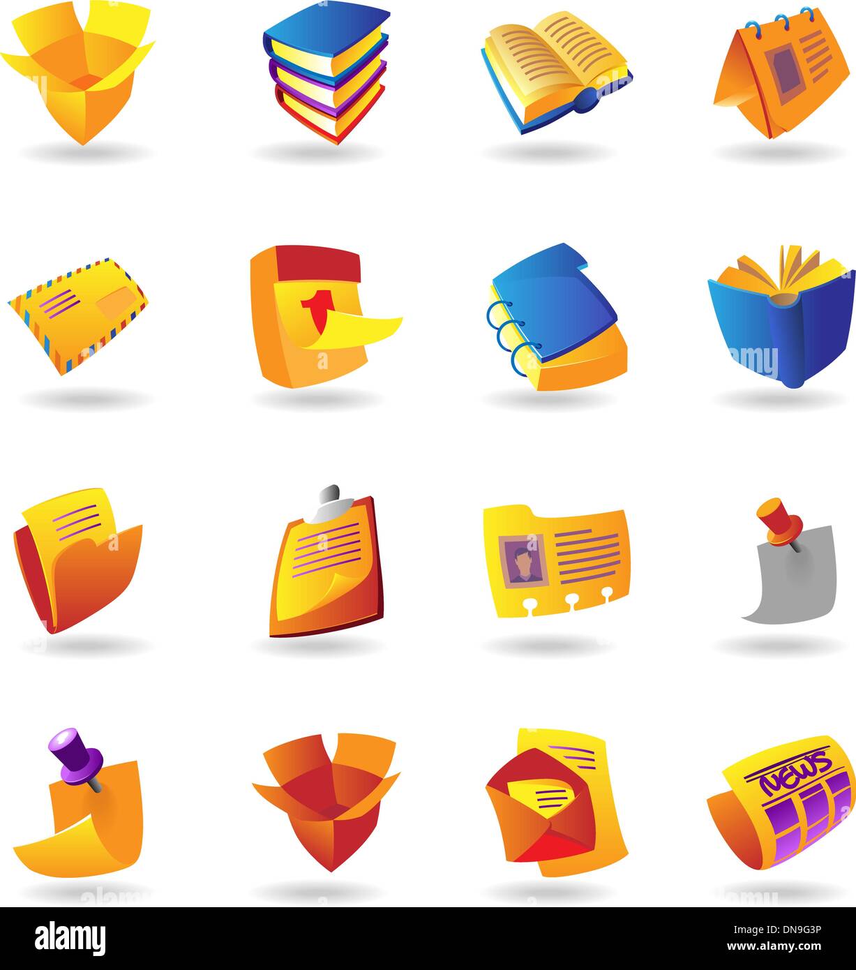 Realistische Icons set für Bücher und Papiere Stock Vektor