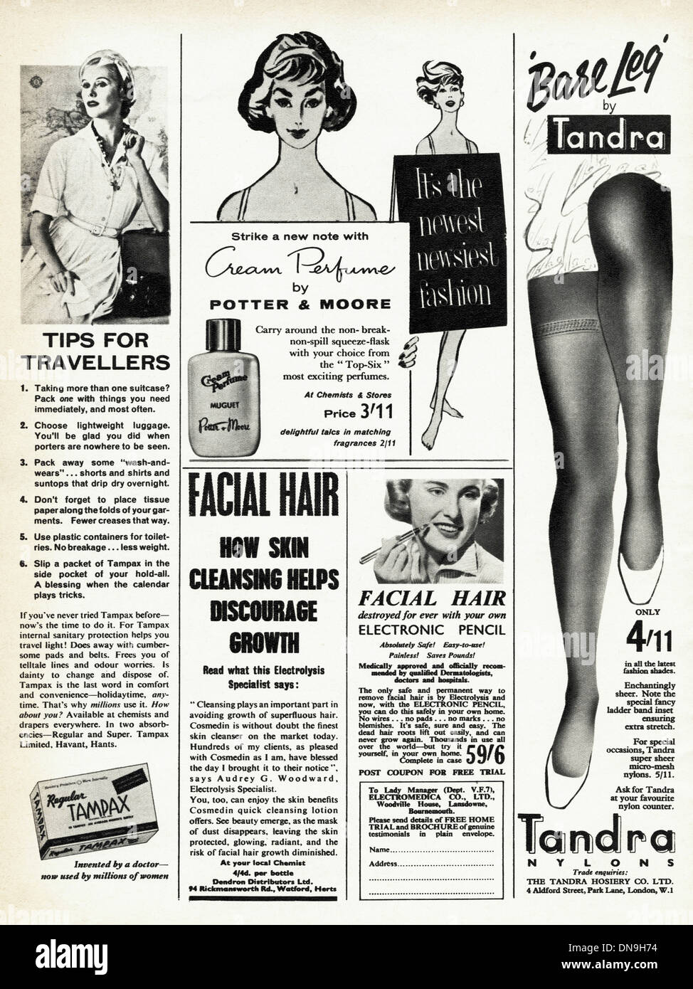 1950er Jahre Werbung. Vintage original Frauen Mode Magazin Werbung, Auswahl der typischen Werbung der Zeit. Stockfoto
