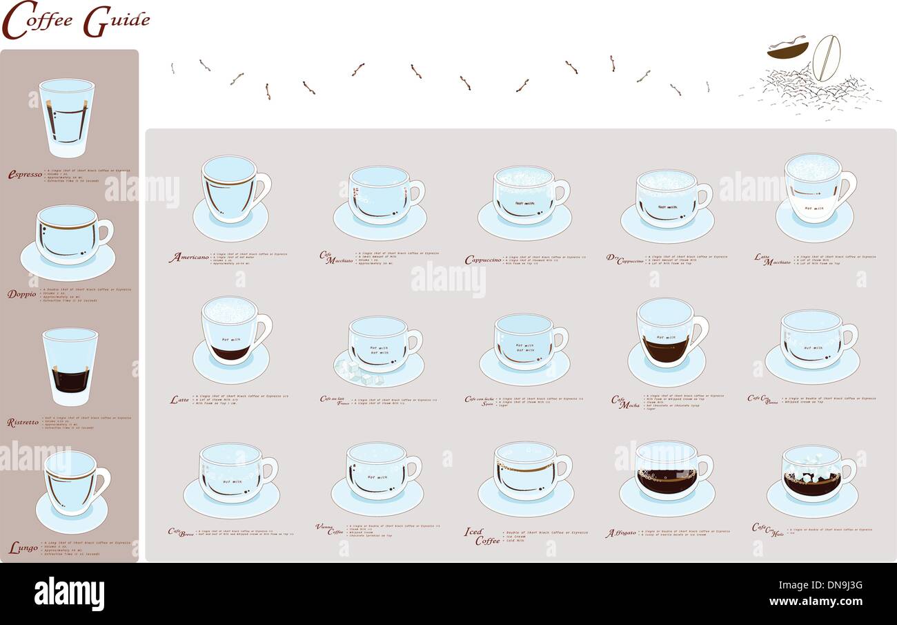 Neunzehn Art Kaffee Menü oder Kaffee Guide Stock Vektor