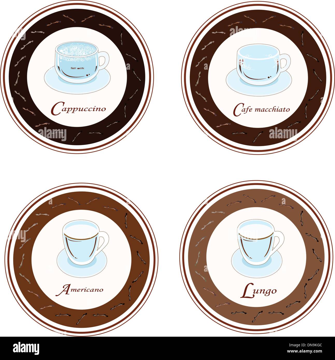 Vier Sorten von Kaffee trinken in Retro-Runde Aufkleber Stock Vektor