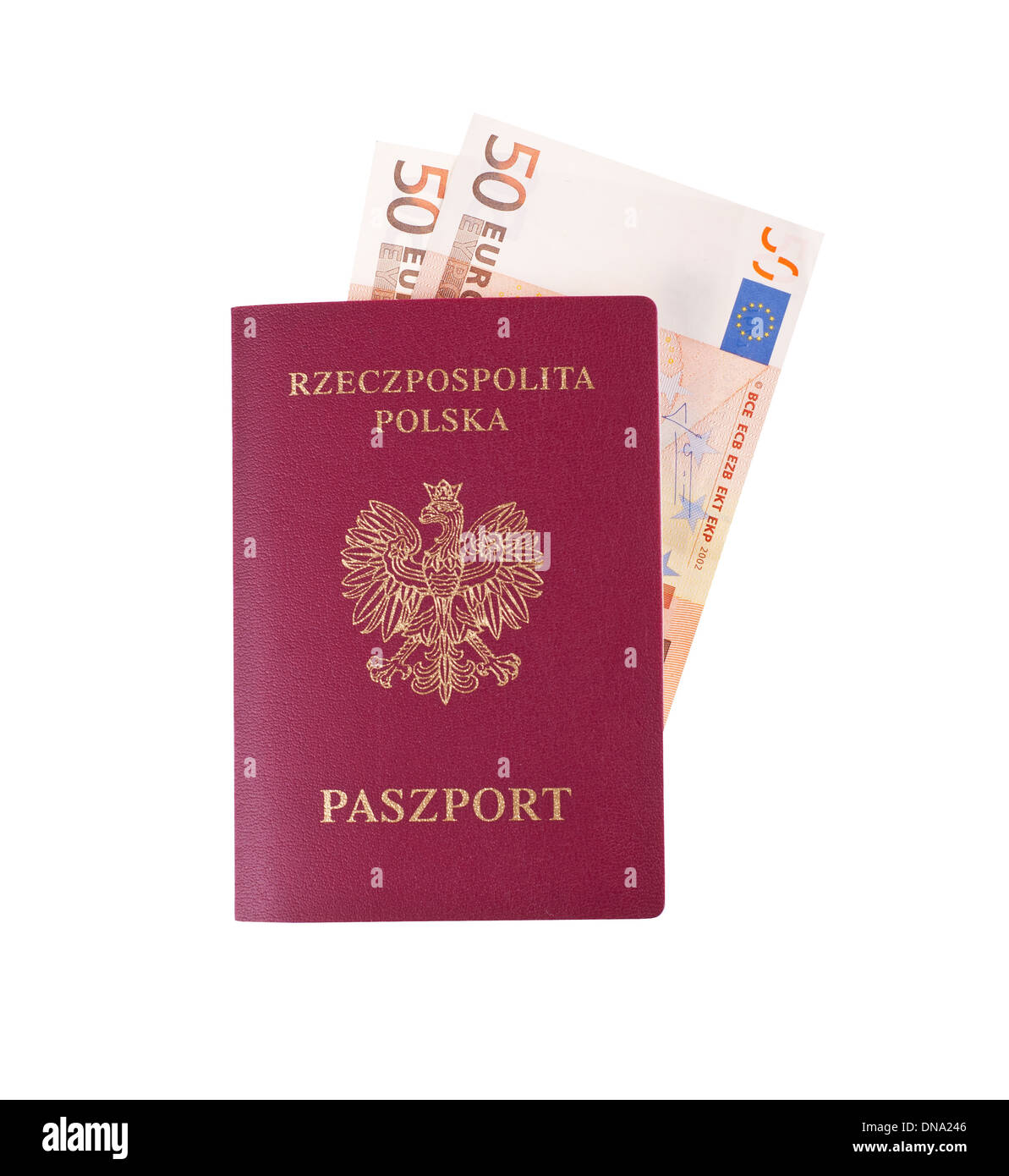 Banknoten von 50 Euro im polnischen roten Pass Stockfoto