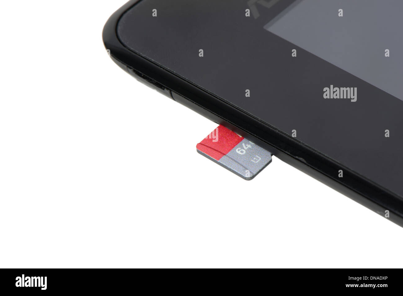 MicroSD-Speicherkarte und Tablet-Steckplatz Stockfoto