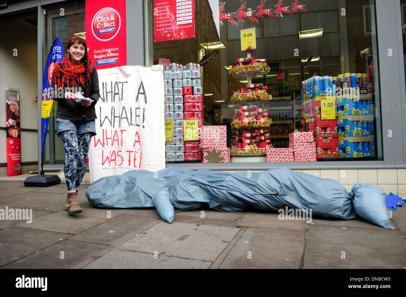 Nottingham, UK. 21. Dezember 2013. Was ein Wal Demonstranten außerhalb Tesco express Shop Nottingham Stadtzentrum entfernt. Ein Pottwal starb nach 59 verschiedene Arten von Kunststoff in Höhe von 17kg Müll schlucken. Die meisten davon war Kunststofffolien verwendet von den Lieferanten der Supermärkte wie Carrefour, Tesco und Aldi Tomaten wachsen. Bildnachweis: Ian Francis/Alamy Live-Nachrichten Stockfoto