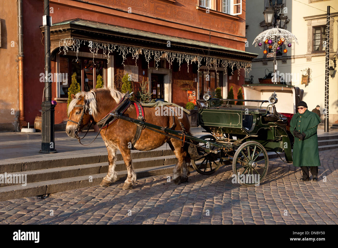altes Pferd und grüne Kalesche ansehen Stockfoto