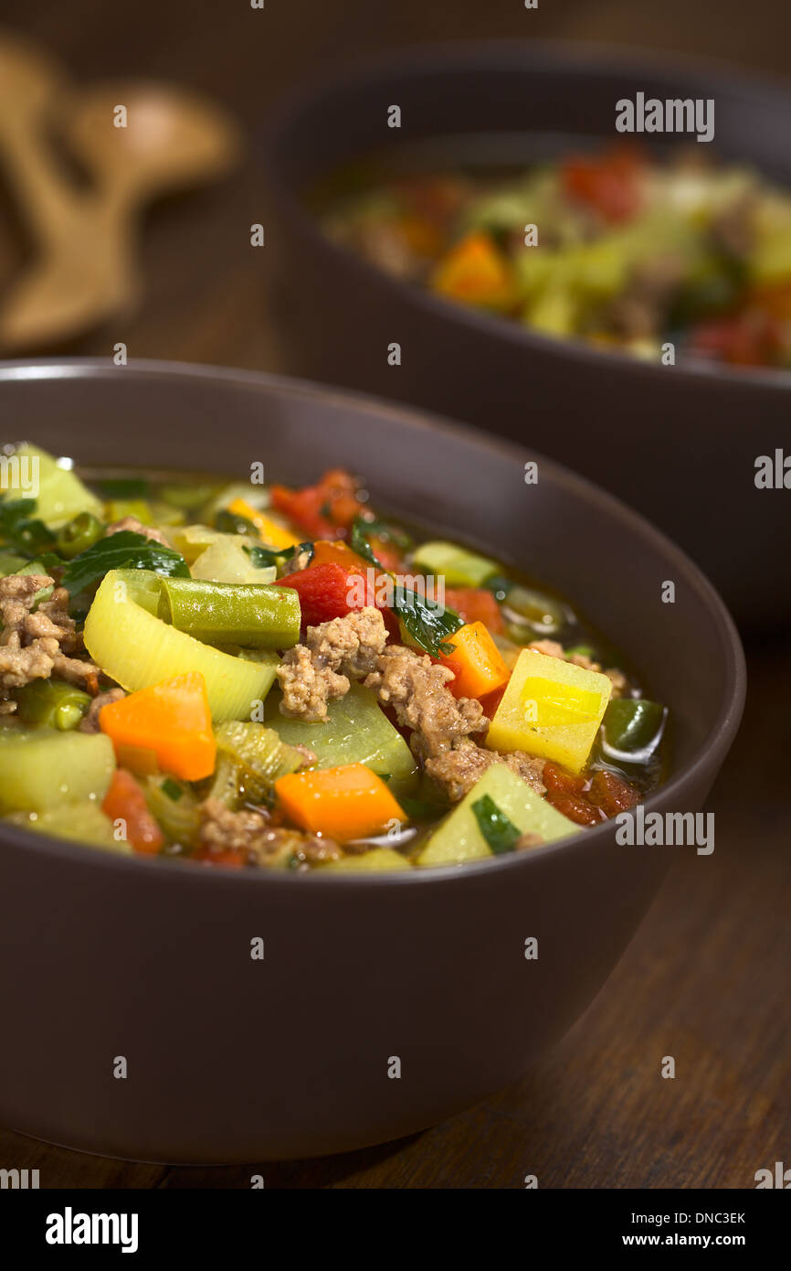 Gemüsesuppe mit Hackfleisch, grüne Bohnen, Kartoffeln, Lauch, Karotten, Tomaten und Petersilie in braunen Schalen serviert Stockfoto
