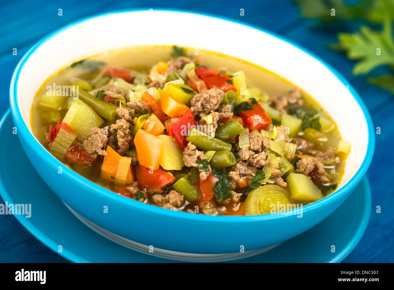Gemüsesuppe mit Hackfleisch, grüne Bohnen, Kartoffeln, Lauch, Karotten, Tomaten und Petersilie in blau Schüssel serviert Stockfoto