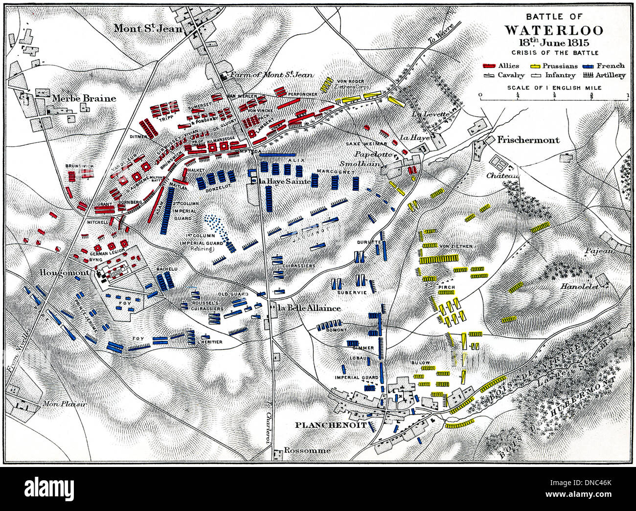 Schlacht bei Waterloo, 18. Juni 1815. Krise der Schlacht. Truppe Plan. 1899 veröffentlichte. Stockfoto