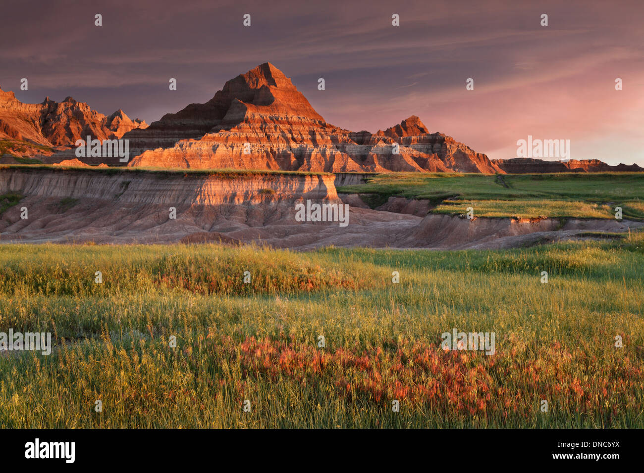 Sunrise entlang Castle Trail in Badlands Nationalpark in South Dakota Stockfoto