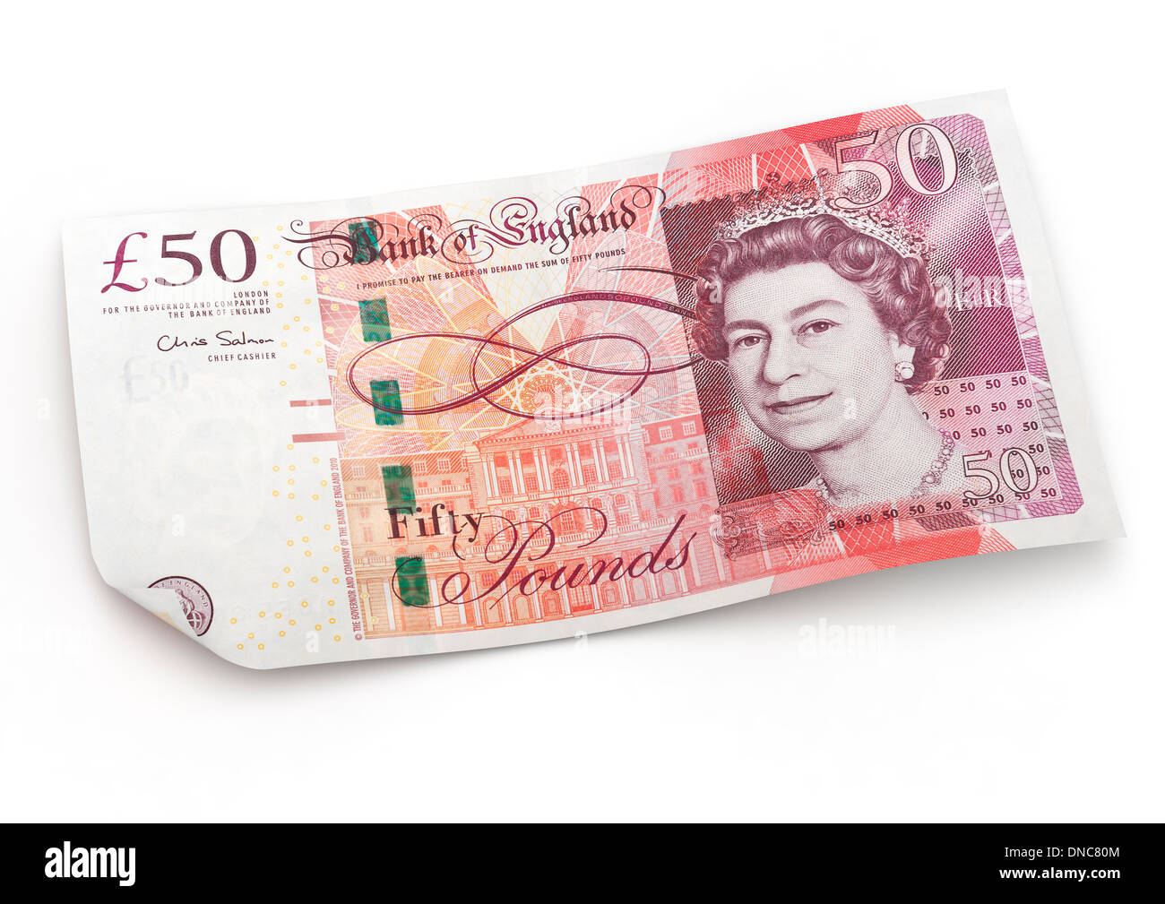 Geld 50 Pfund Hinweis auf weißem Hintergrund - Ausschnitt Stockfoto