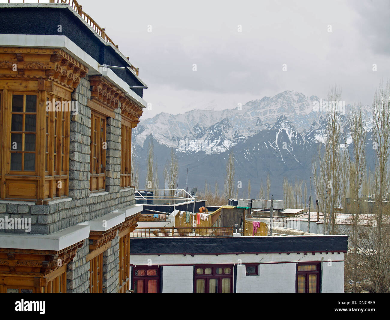 Ein Blick auf die Berge des Himalaya von einem Hotel in Leh, Ladakh Stockfoto