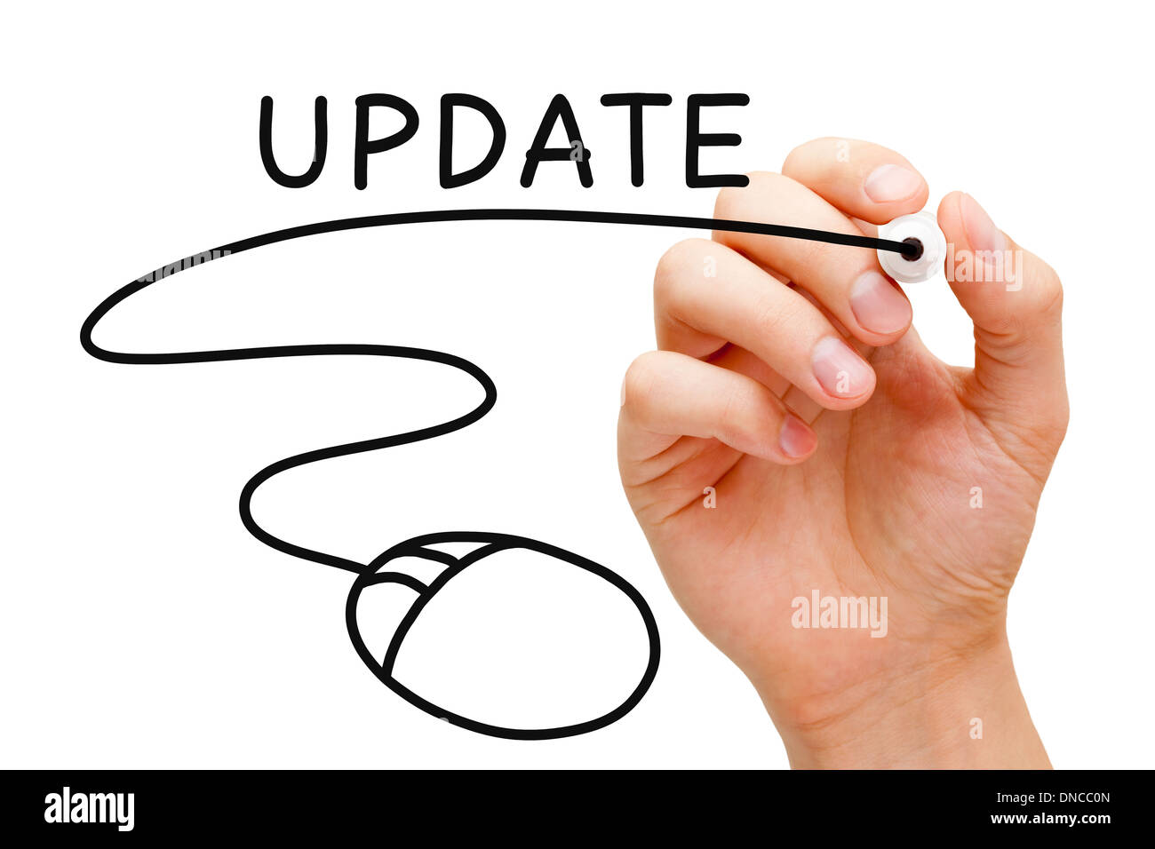 Hand, Update-Konzept mit schwarzem Filzstift auf transparente wischen Brett skizzieren. Stockfoto