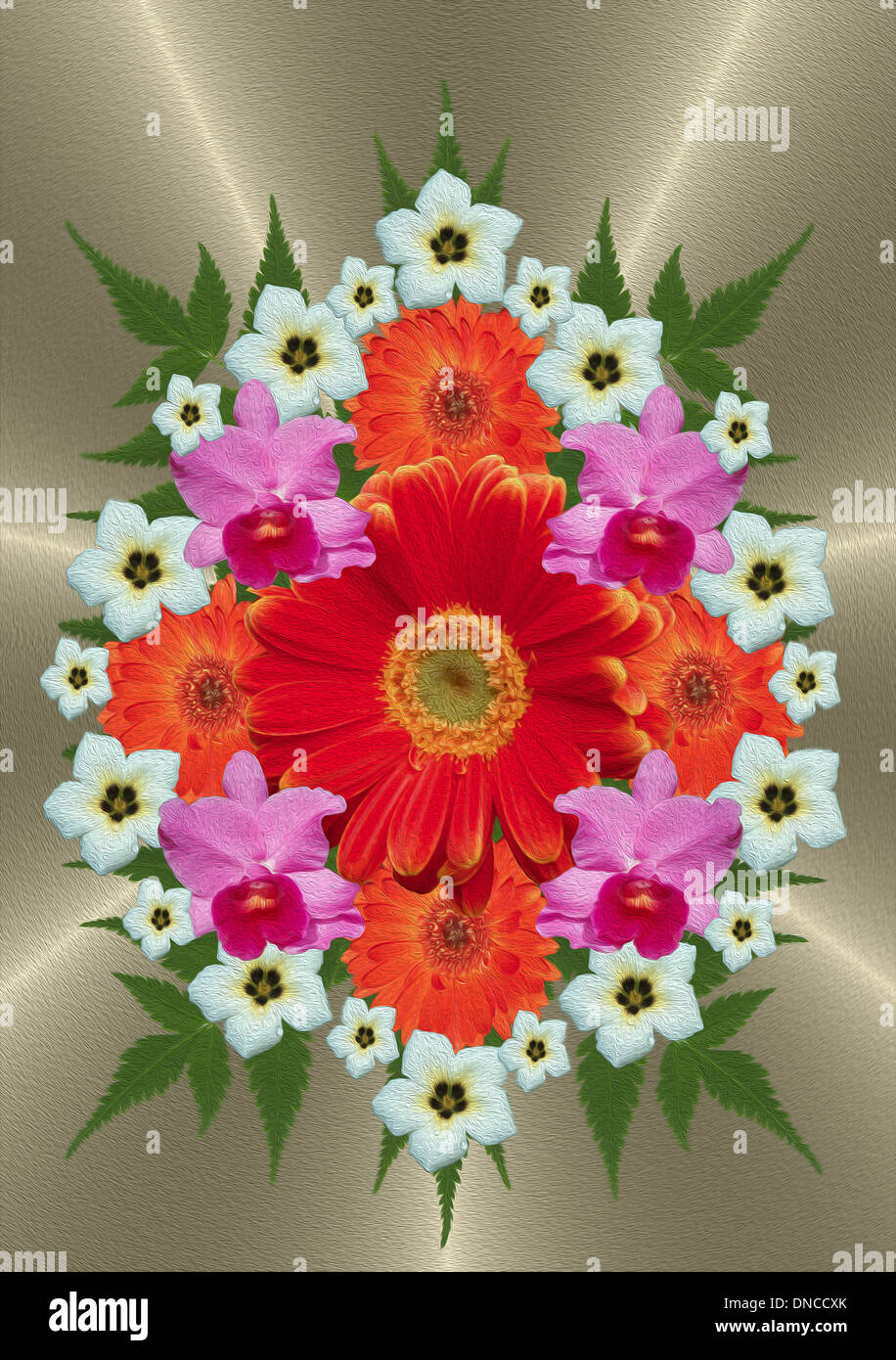 Einzigartige digitale Blumenarrangement mit Cluster von leuchtend orange Gerbera, umgeben von weißen Turnera Blumen, Orchideen auf metallischen Silber Hintergrund Stockfoto