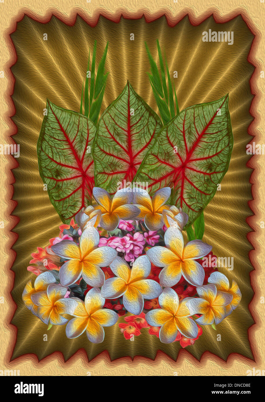 Einzigartige Floristik mit Frangipani-Blüten und grünen und roten Caladium lässt gegen gestreifte Goldgrund Stockfoto