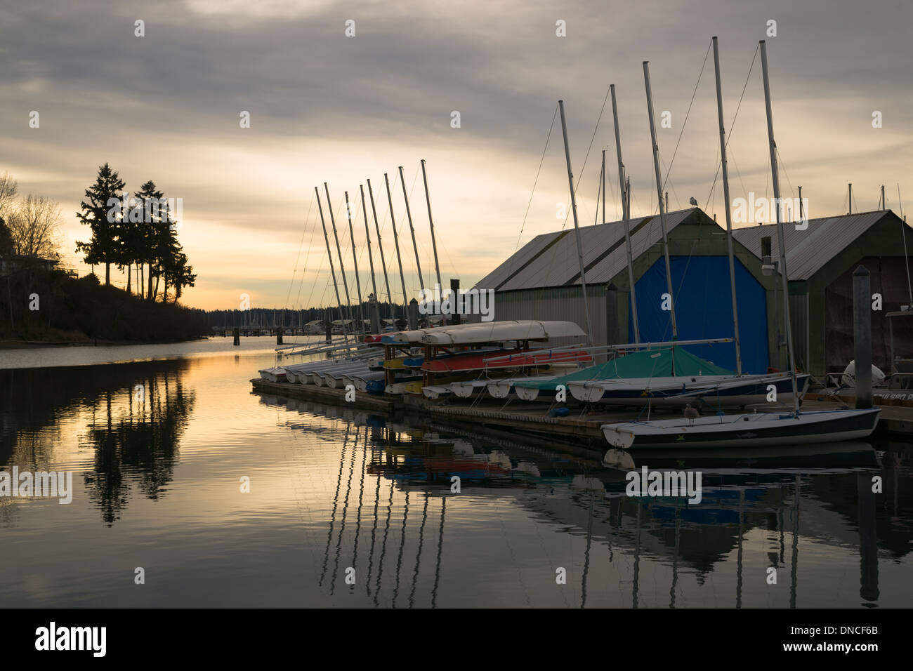 Die Sonne kommt durch den Nebel am Puget Sound, Washington State brennen Stockfoto