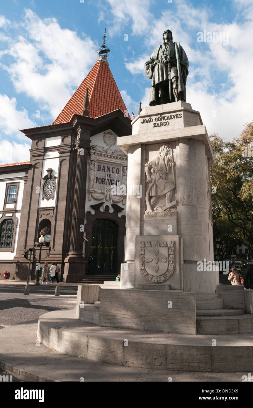Statue von João Gonçalves Zarco, der portugiesische Seefahrer, besiedelt und wurde ersten Kapitän, Madeira. Stockfoto