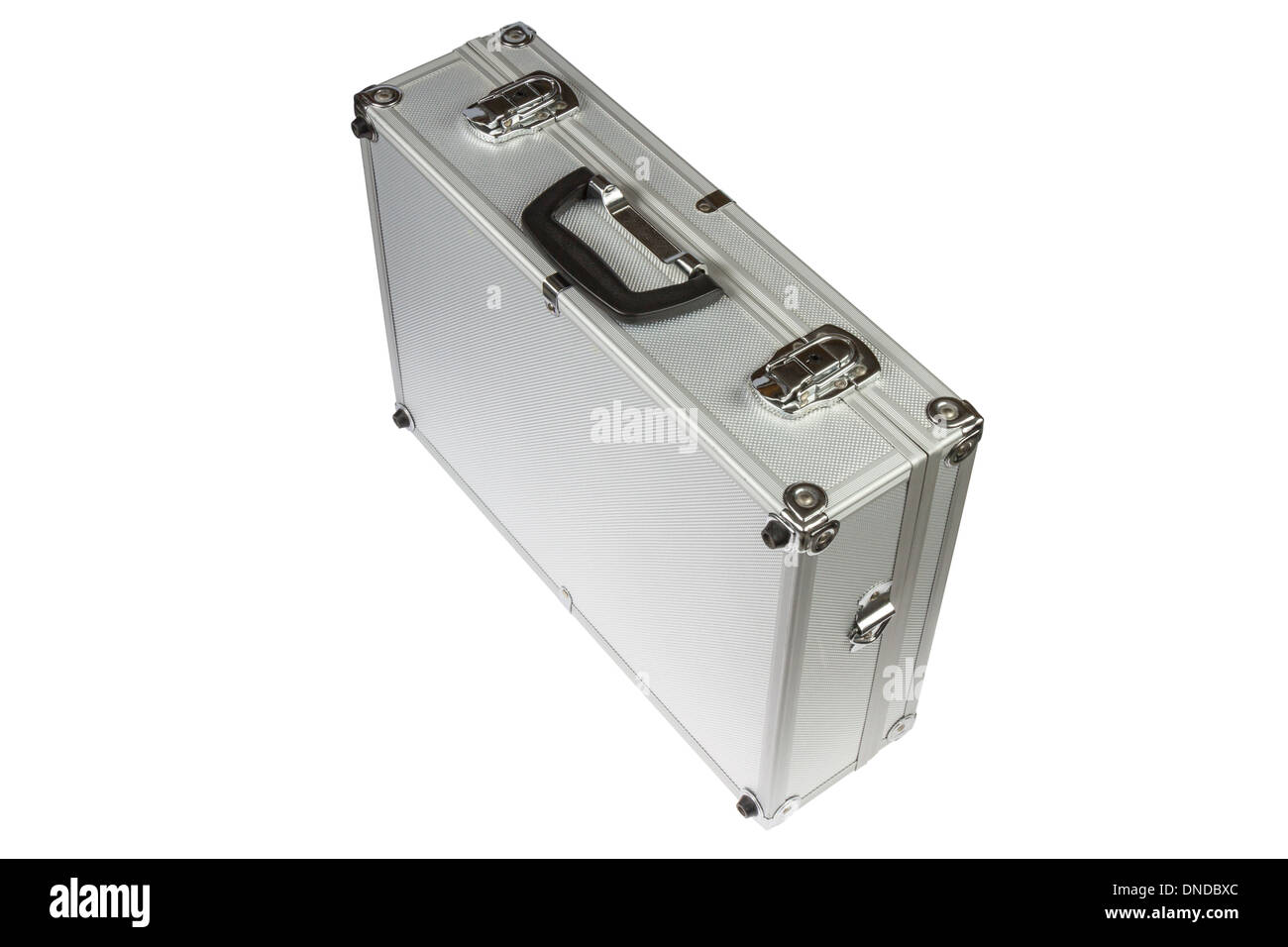 Silber metallic Koffer isoliert auf weißem Hintergrund Stockfoto