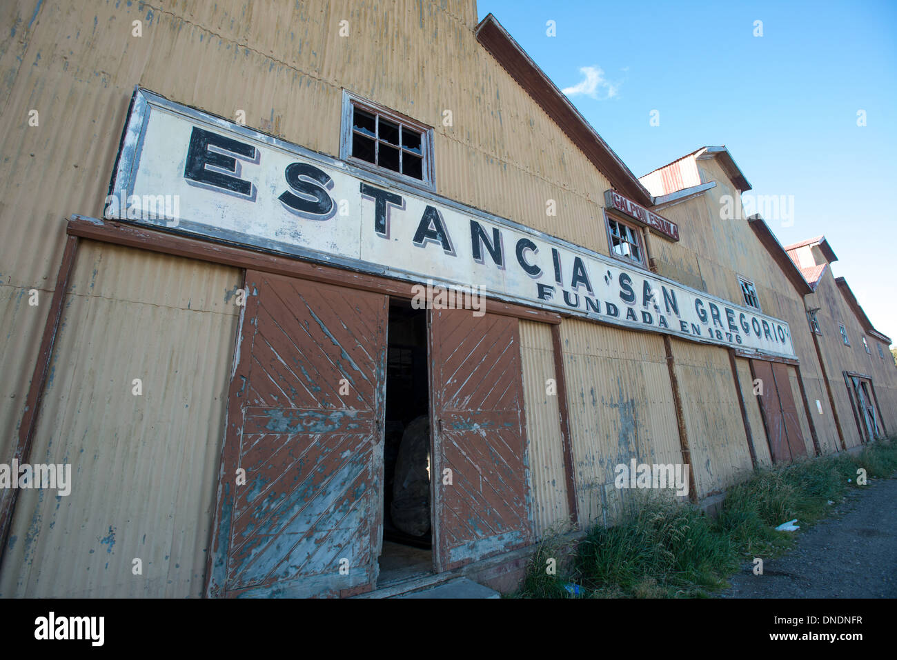 Verlassene Lager San Gregorio, Chile Estancia San Gregorio Fundada En 1876 (gegründet 1876) Stockfoto