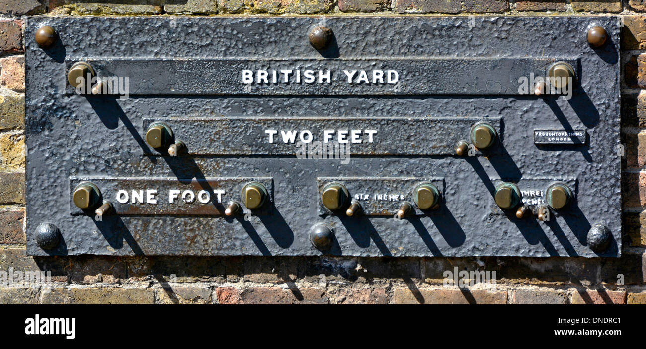Öffentliche Standards der Länge panel Kontrolle British Standard Maßeinheiten außerhalb Royal Observatory im Royal Park Greenwich London England Großbritannien Stockfoto