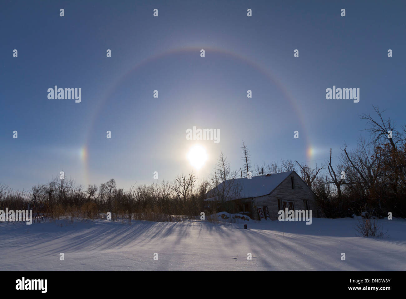 30. Januar 2011 - Solar Halo und Sundogs in Süd-Alberta, Kanada. Stockfoto