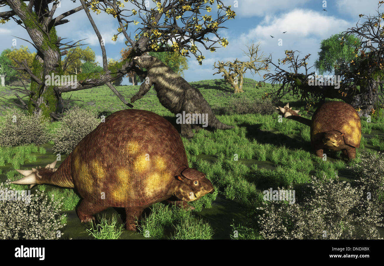 Prähistorische Glyptodonts grasen auf Grasebenen. Ein Eremotherium ist