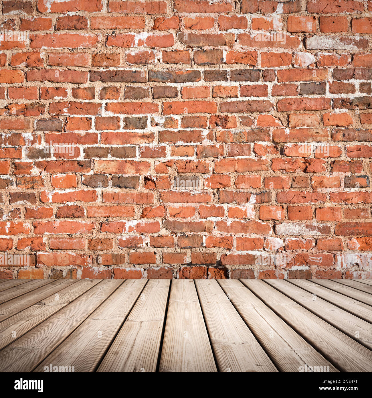 Abstrakte Interieur mit Holzboden und roten Backsteinmauer Stockfoto