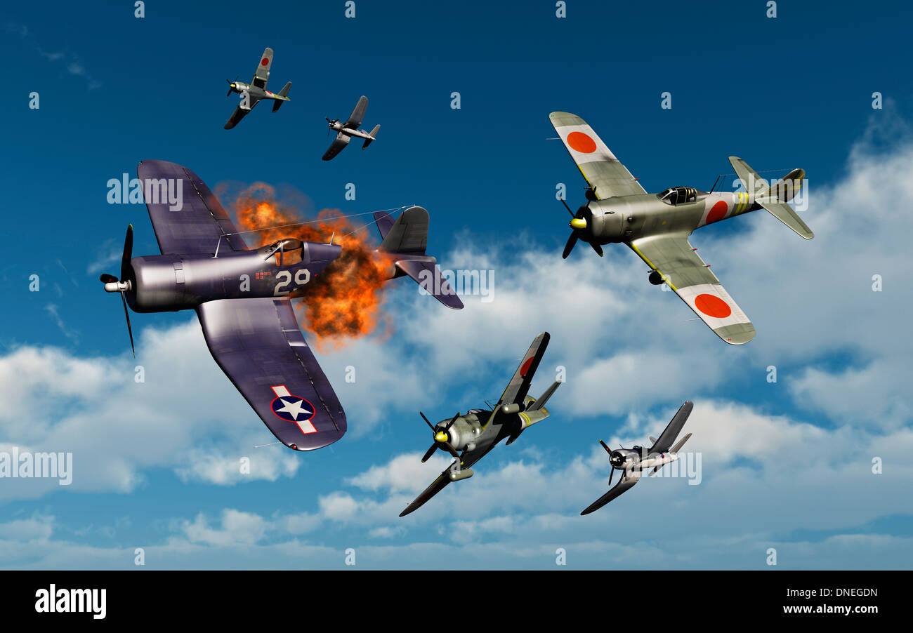 Amerikanische f4u Korsaren und japanisch Nakajima Ki-84 hayata Kämpfer gegenseitig bekämpfen. Stockfoto