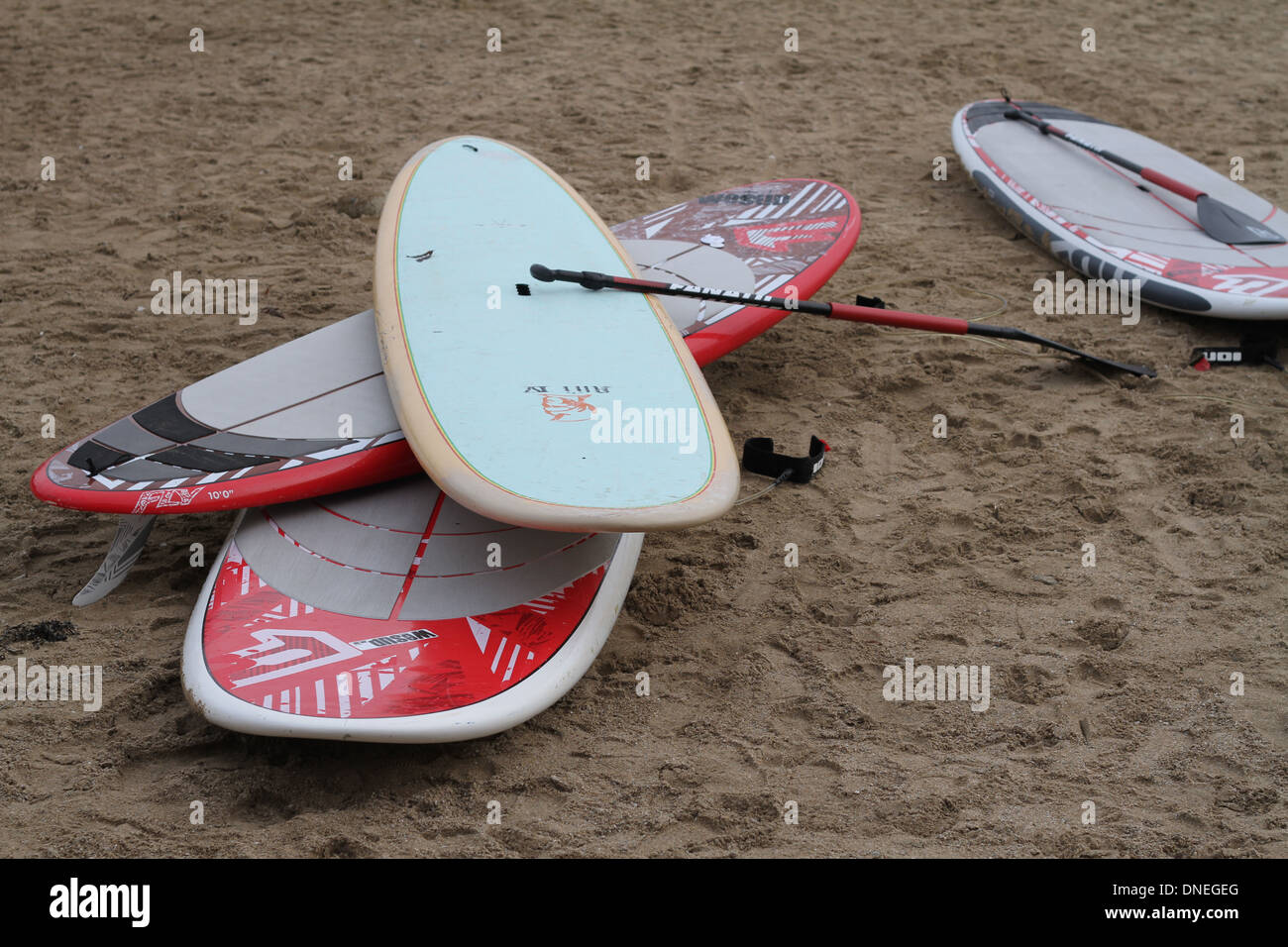 Paddle Boards am Strand Stockfoto