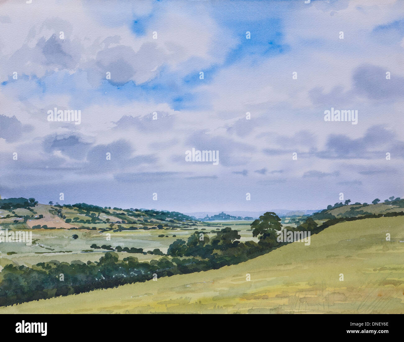 Blick über die Landschaft von Sussex Richtung Roggen UK Aquarell-Malerei Stockfoto