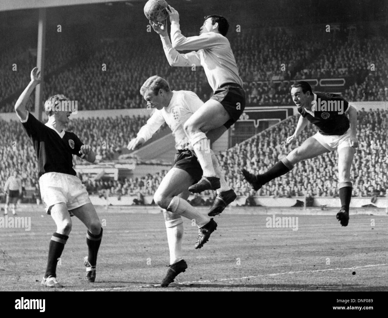 06.04.1963 Wembley Stadium, London England. England gegen Schottland. Denis Law (Schottland), Bobby Moore, Gordon Banks, Ian St. John (Schottland) Stockfoto