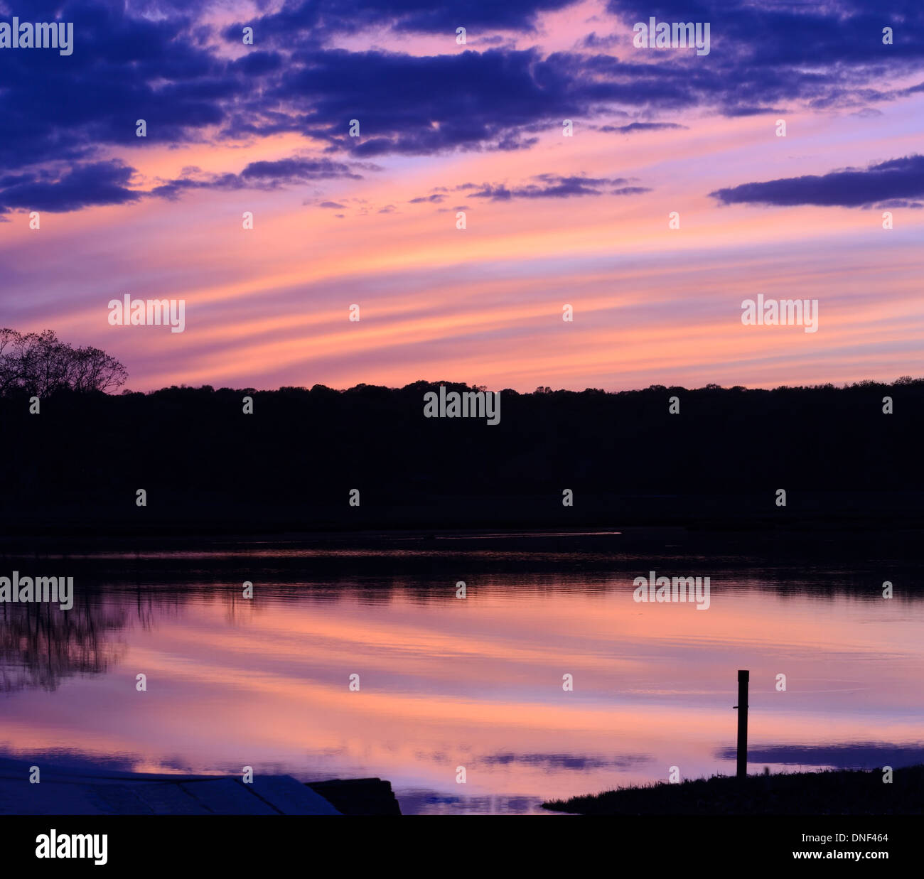 Bäume und die Insel in den Backwaters, ein Gezeiten-Mündung Silhouette gegen eine Zuckerwatte farbige Himmel bei Sonnenuntergang im späten Frühjahr, mit Spiegelungen im Wasser, Niantic, Connecticut, USA Stockfoto
