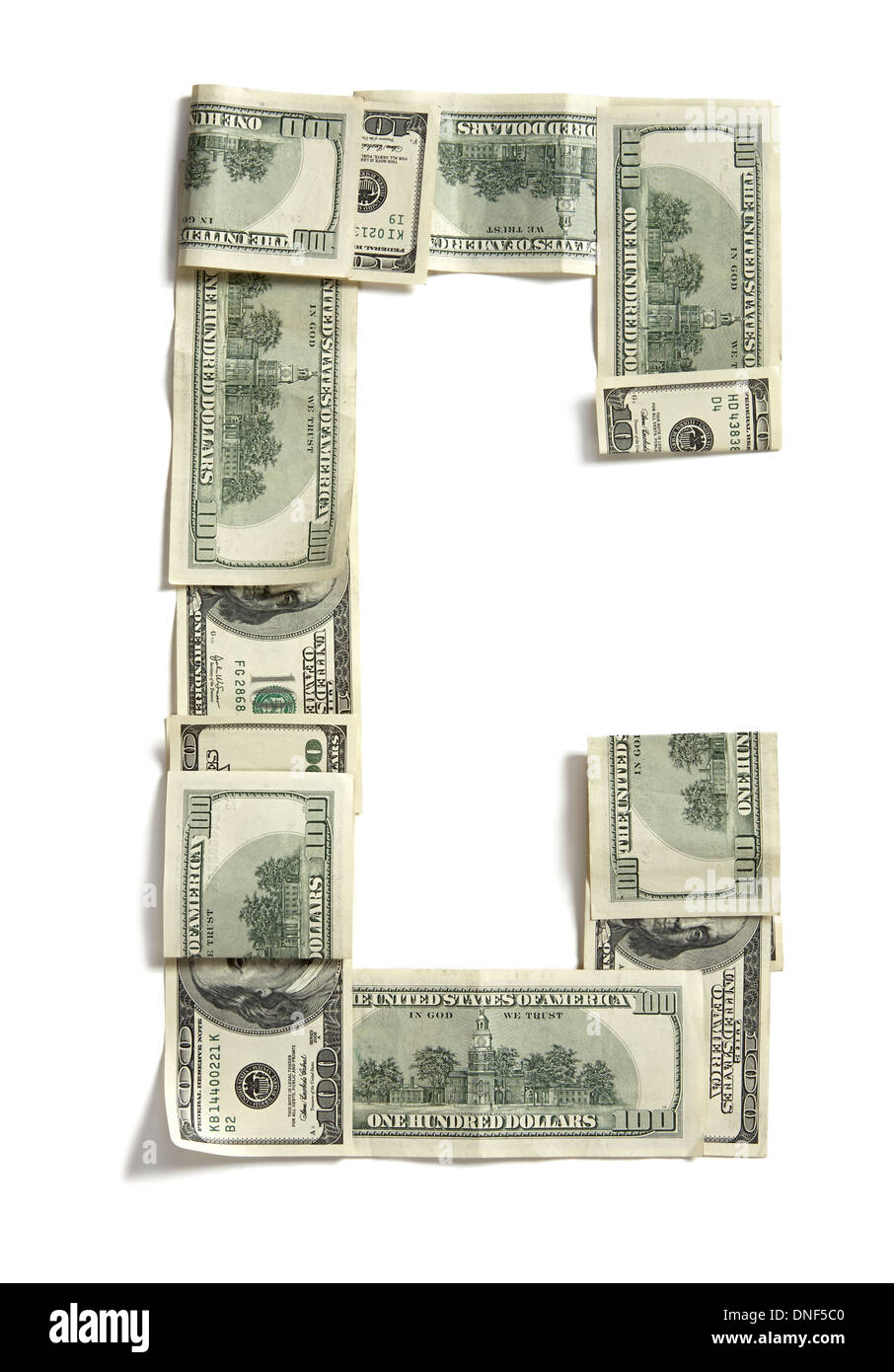 Dollar-Buchstabe C aus echtem Geld gemacht Stockfoto