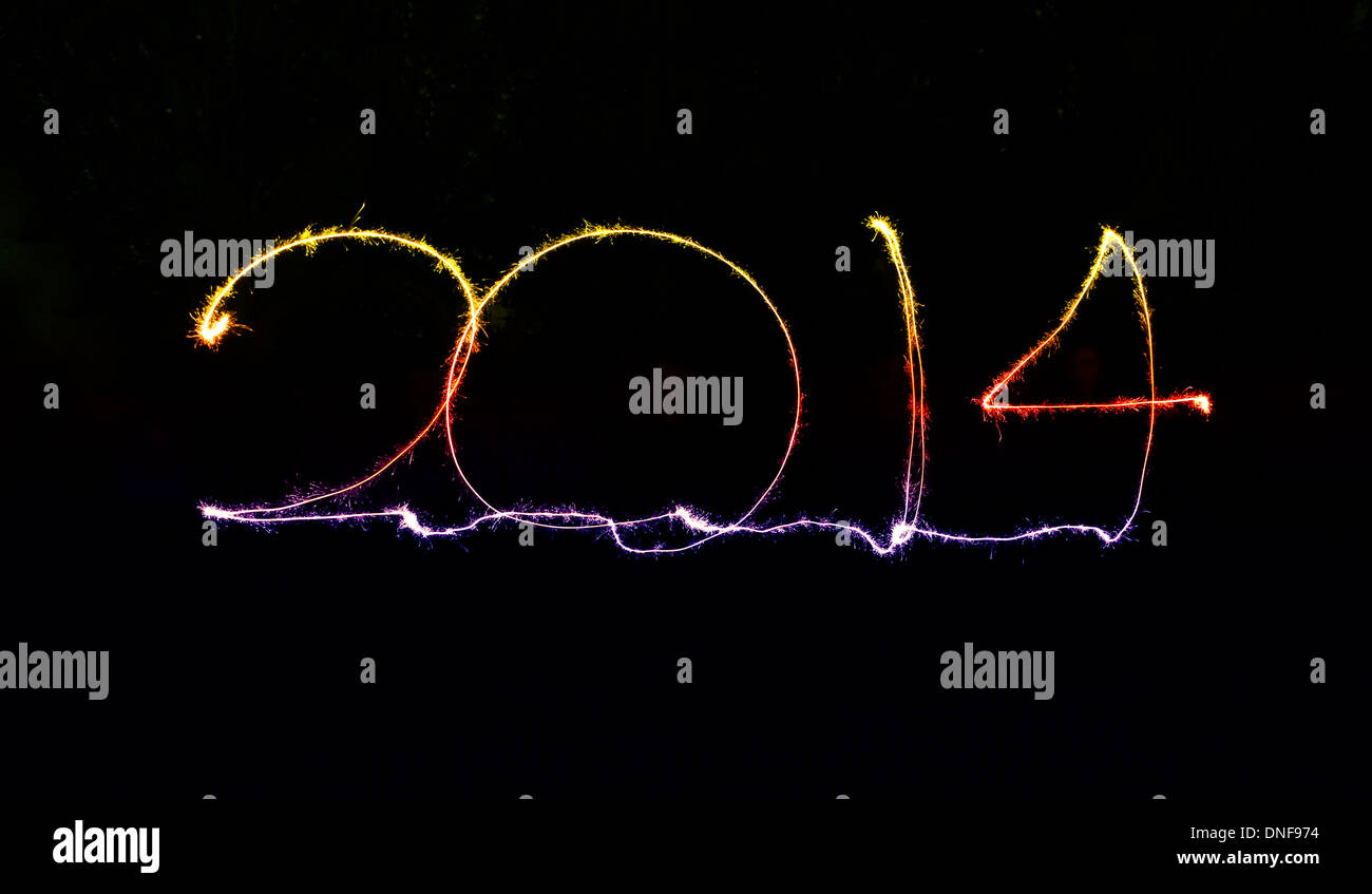 bunte Prosit Neujahr 2014 in glitzernden Lettern geschrieben Stockfoto