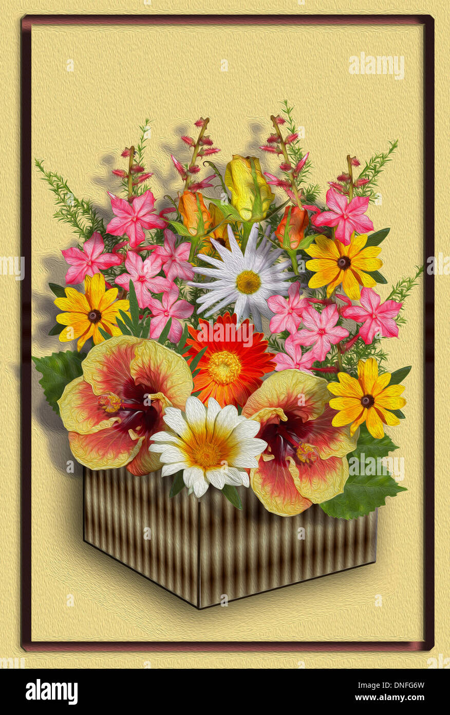 Einzigartige Floristik mit leuchtend bunten Blumenstrauß, orange Hibiskus, rote Gerbera, weißen da in gestreiften Feld Apricot gelb Hintergrund Stockfoto