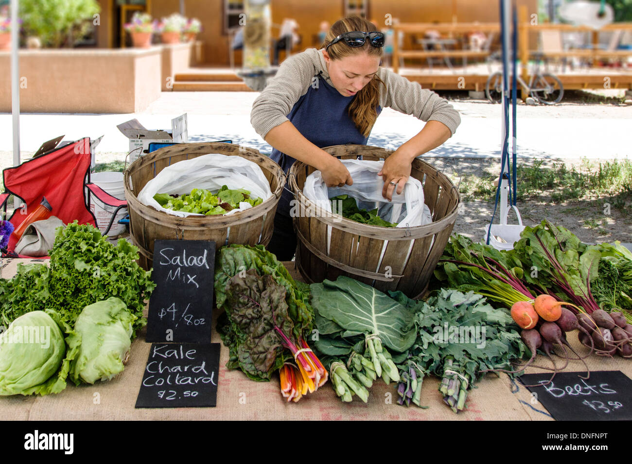 Junge Frau verkaufen frisches Obst und Gemüse in Buena Vista Colorado Bauernmarkt Stockfoto