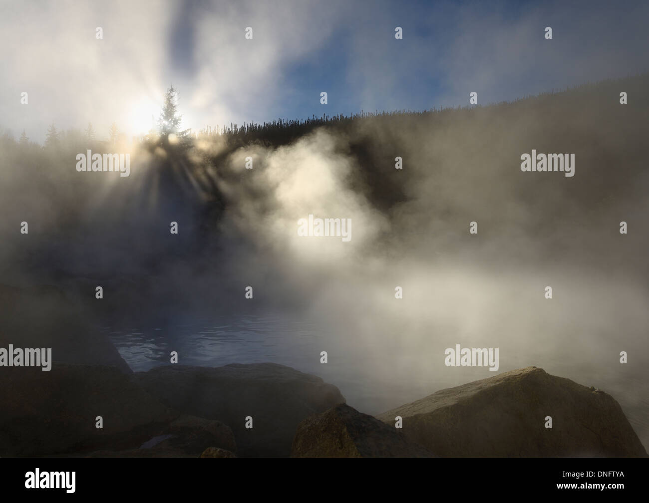 Sonnenstrahlen in Dampf aus Aufgang der Chena Hot Springs von Alaska usa im Herbst Stockfoto