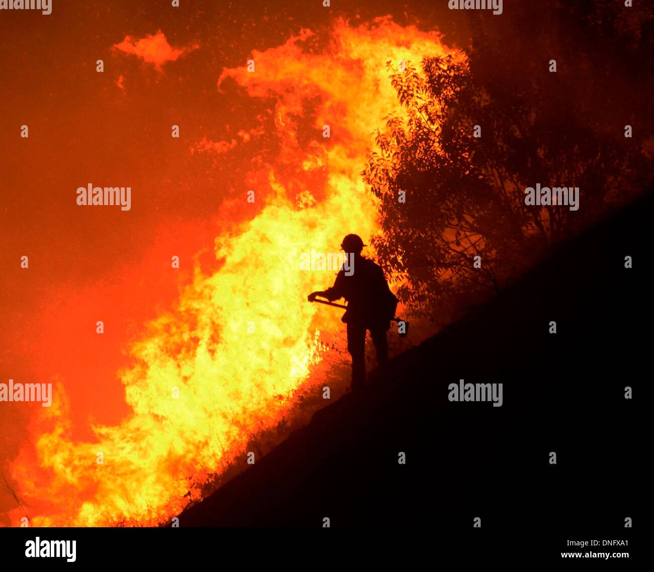 25. Dezember 2013, Simi Valley Kalifornien-USA. Ventura Feuerwehr zusammen mit Los Angeles, LA County und CalFire kämpfen ein Buschfeuer Weihnachten Nacht späten Mittwoch 25. Dezember in Simi Valley. Die starken Winde helfen die Buschfeuer entlang Santa Susana Pass Rd. westlich von Rocky Peak südlich der 118 Autobahn brennen. Das Brennen rund um 8-10 Hektar und keine Häuser wurden beschädigt. Das verursacht ist zu diesem Zeitpunkt noch unbekannt. Simi Valley ca. 25. Dezember 2013 Foto von Gene Blevins/LA DailyNews/ZumaPress. (Kredit-Bild: © gen Blevins/ZUMAPRESS.com) Bildnachweis: ZUMA Press, Inc./Alamy Live-Nachrichten Stockfoto
