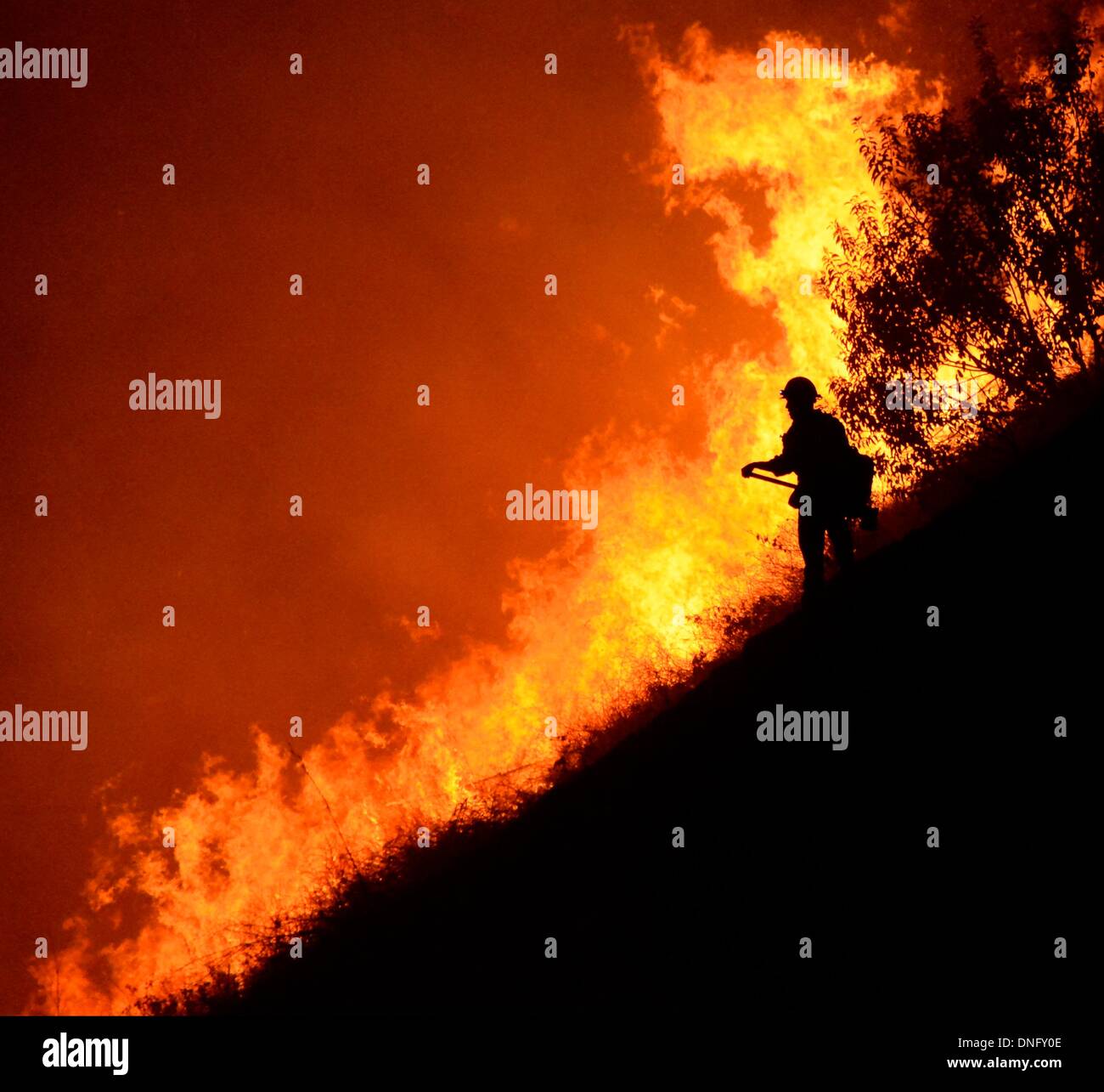 25. Dezember 2013, Simi Valley Kalifornien-USA. Ventura Feuerwehr zusammen mit Los Angeles, LA County und CalFire kämpfen ein Buschfeuer Weihnachten Nacht späten Mittwoch 25. Dezember in Simi Valley. Die starken Winde helfen die Buschfeuer entlang Santa Susana Pass Rd. westlich von Rocky Peak südlich der 118 Autobahn brennen. Das Brennen rund um 8-10 Hektar und keine Häuser wurden beschädigt. Das verursacht ist zu diesem Zeitpunkt noch unbekannt. Simi Valley ca. 25. Dezember 2013 Foto von Gene Blevins/LA DailyNews/ZumaPress. (Kredit-Bild: © gen Blevins/ZUMAPRESS.com) Bildnachweis: ZUMA Press, Inc./Alamy Live-Nachrichten Stockfoto