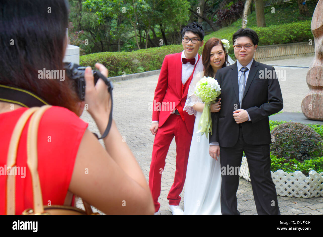 Hongkong China, HK, Asien, Chinesisch, Orientalisch, Insel, Zentral, Hongkong Park, Hochzeitsfotograf, Fotos, Braut, Bräutigam, Posen, roter Anzug, Kleid, asiatischer Mann Männer mal Stockfoto