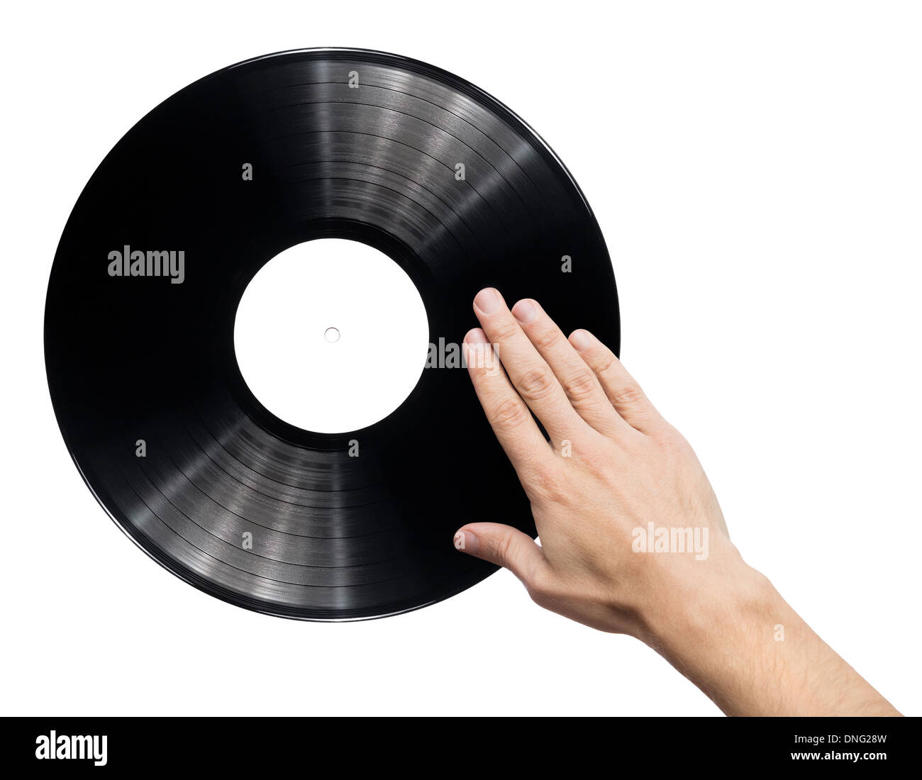Die Hand des Menschen kratzen Vinyl-Schallplatte. Stockfoto