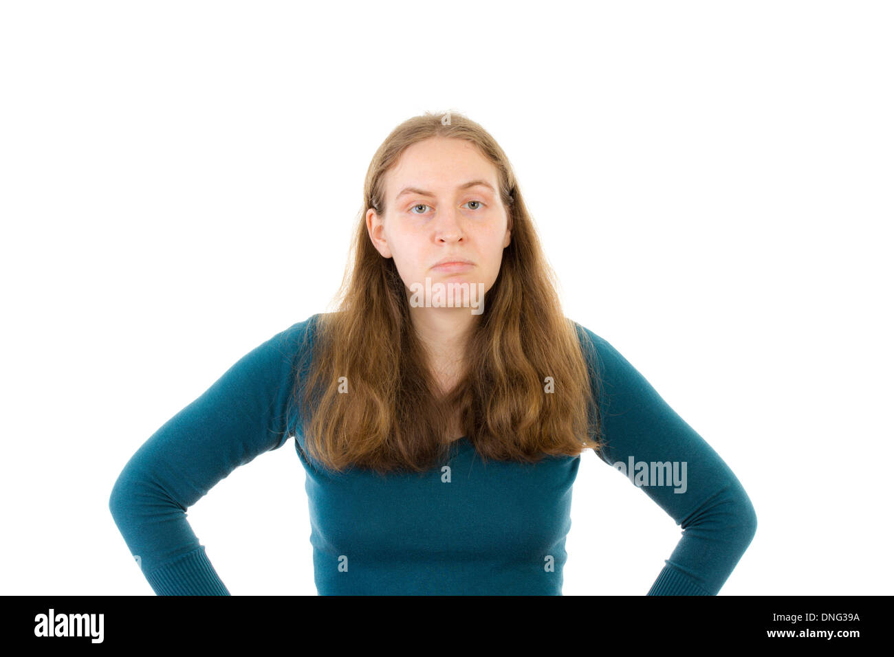 Junge Frau auf weißem Hintergrund abgeraten Stockfoto