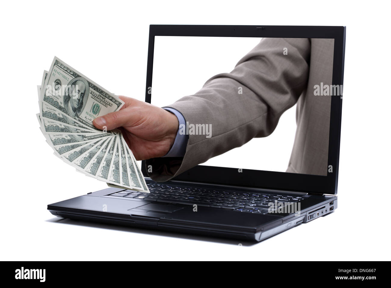 Dollarscheine durch einen Laptopbildschirm Stockfoto