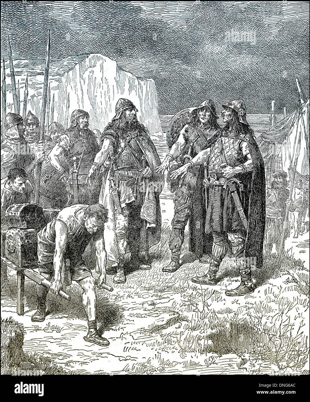 Vertrag von Hengist oder Hengist und Horsa Hors mit Vortigern, Vortiger oder Vortigen, 5. Jahrhundert Kriegsherr in Großbritannien, einer der führenden Stockfoto